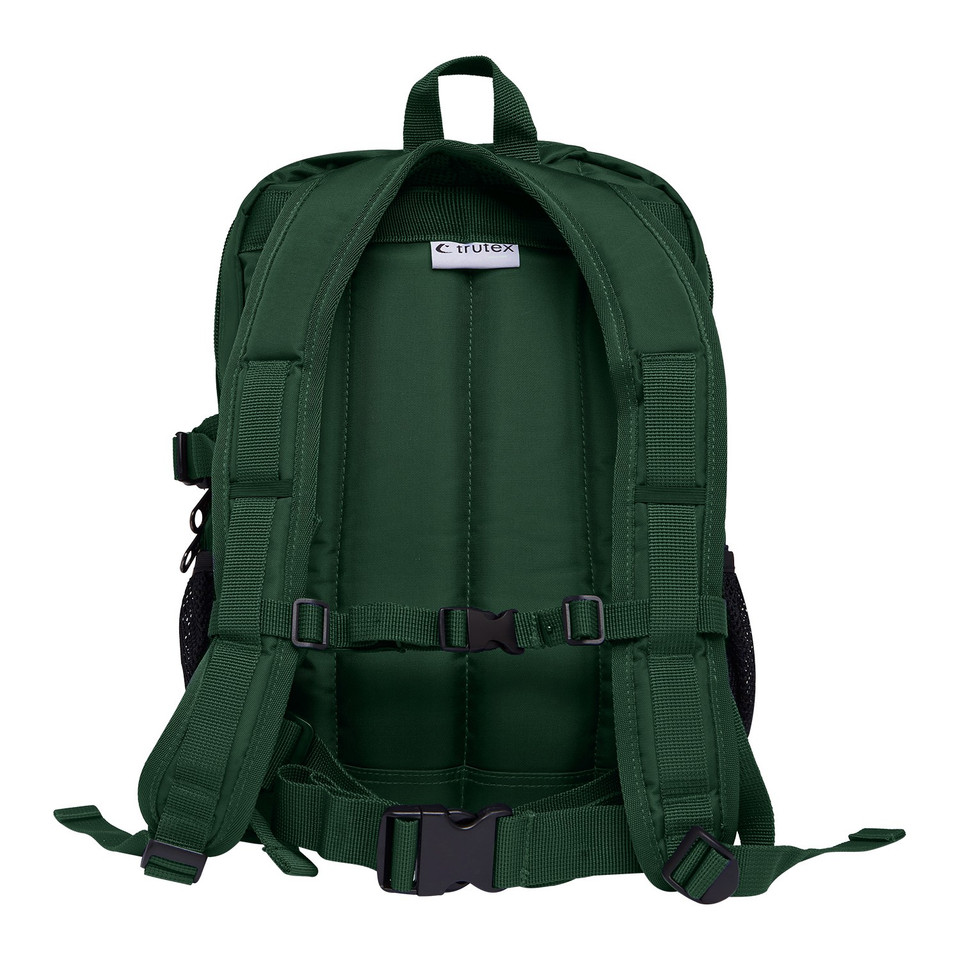 Rear view of forest green tactical-style backpack with padded shoulder straps, chest buckle and mesh side pocket