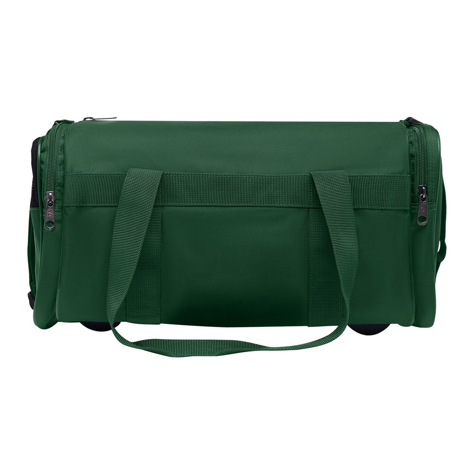 Forest green nylon sports duffel bag with dual carry handles, shoulder strap, and side zip pockets