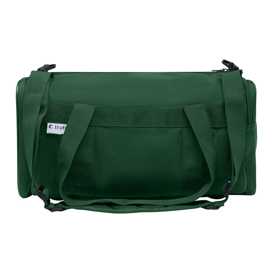 Bottle green nylon sports duffel bag with top zip, side pocket, and adjustable shoulder strap