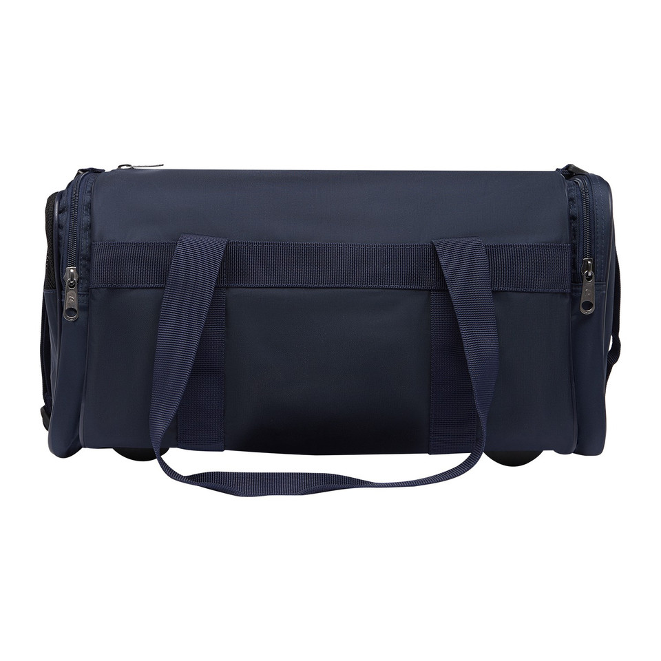 Navy blue nylon sports duffle bag with twin end zip pockets and webbing carry handles