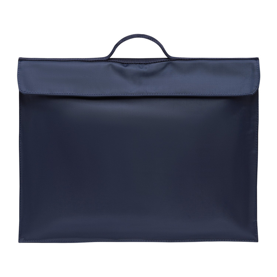 Navy blue polyester satchel bag with flap closure and ribbed carry handle, flat front panel