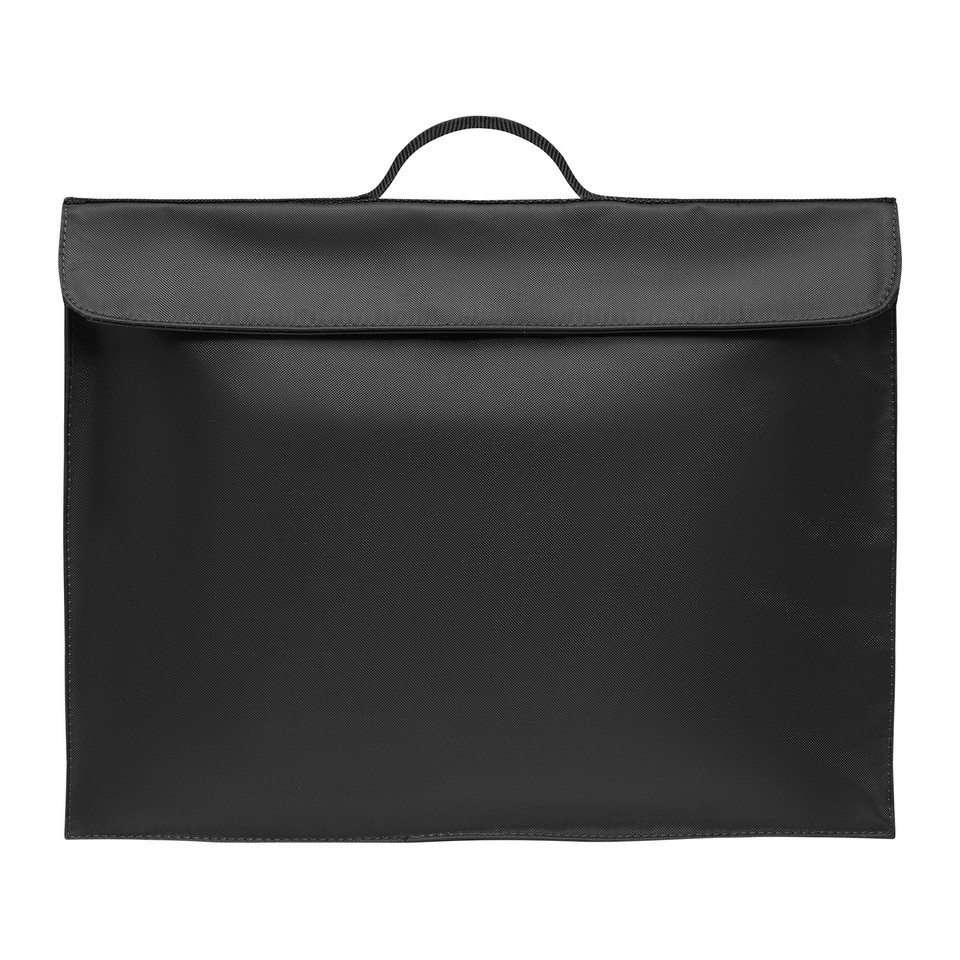 Black polyester satchel-style library bag with top carry handle and fold-over flap closure