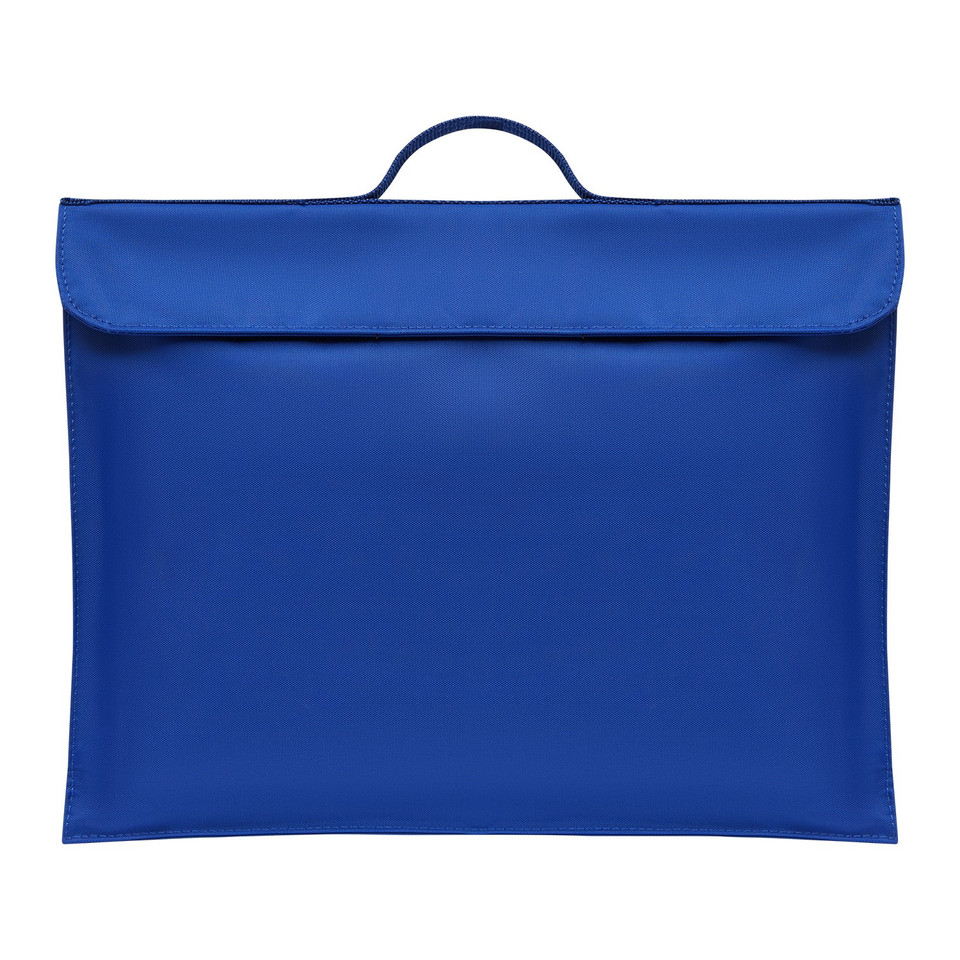 Royal blue polyester library satchel with top carry handle and ribbed texture, flat front panel and flap closure