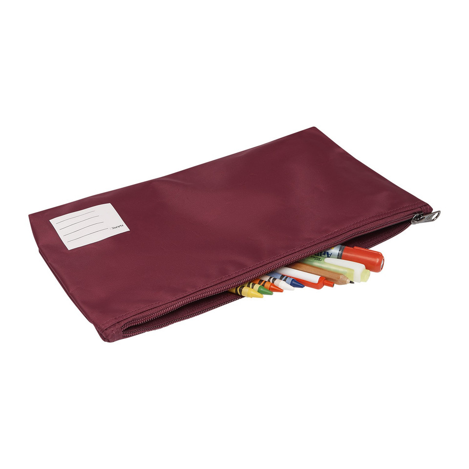 Burgundy flat zip pencil case with label patch, filled with coloured markers and crayons