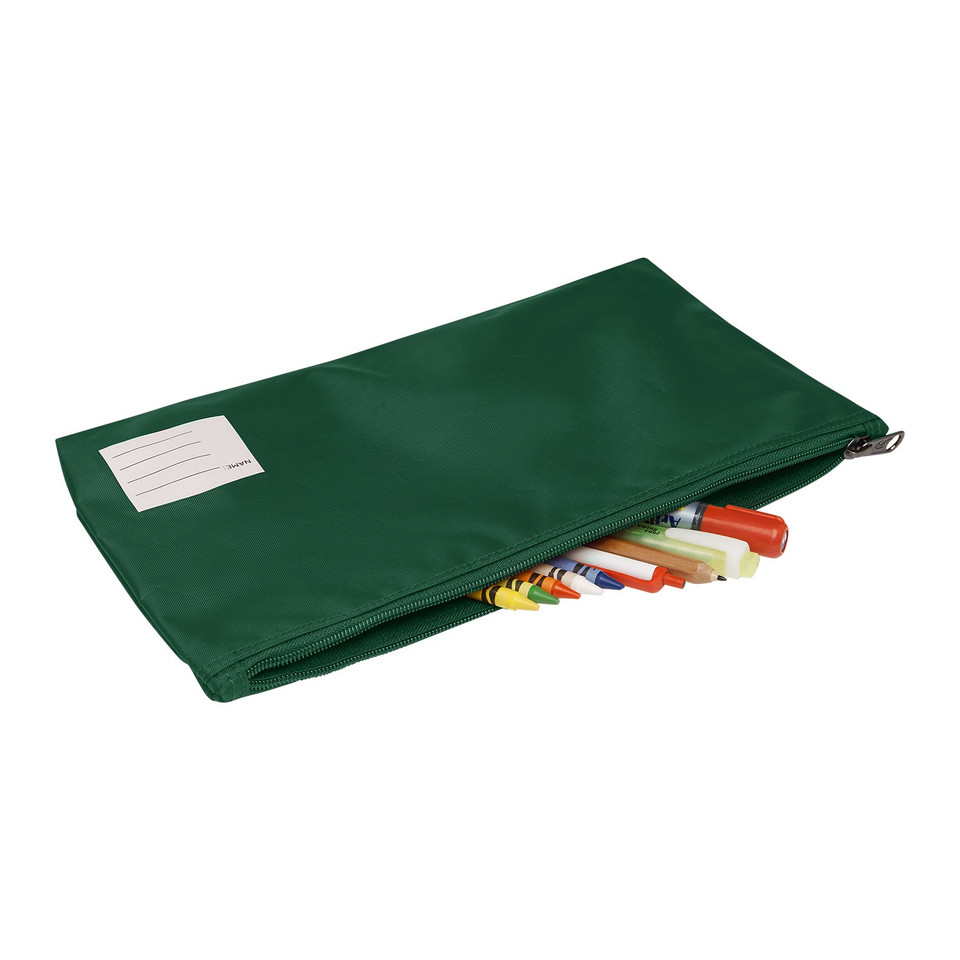 Bottle green flat zip pencil case with name label patch, shown open with coloured markers and crayons inside