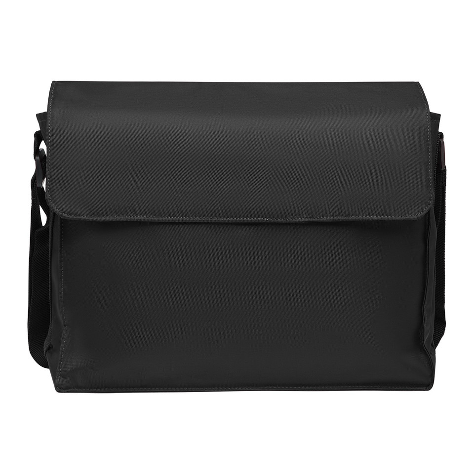 Black structured messenger-style book bag with fold-over flap, top stitching, and adjustable shoulder strap