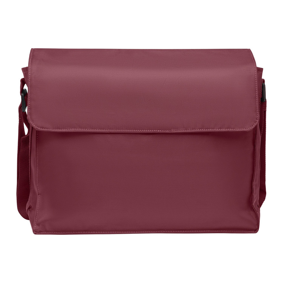 Crimson red structured messenger bag with fold-over flap and adjustable shoulder strap