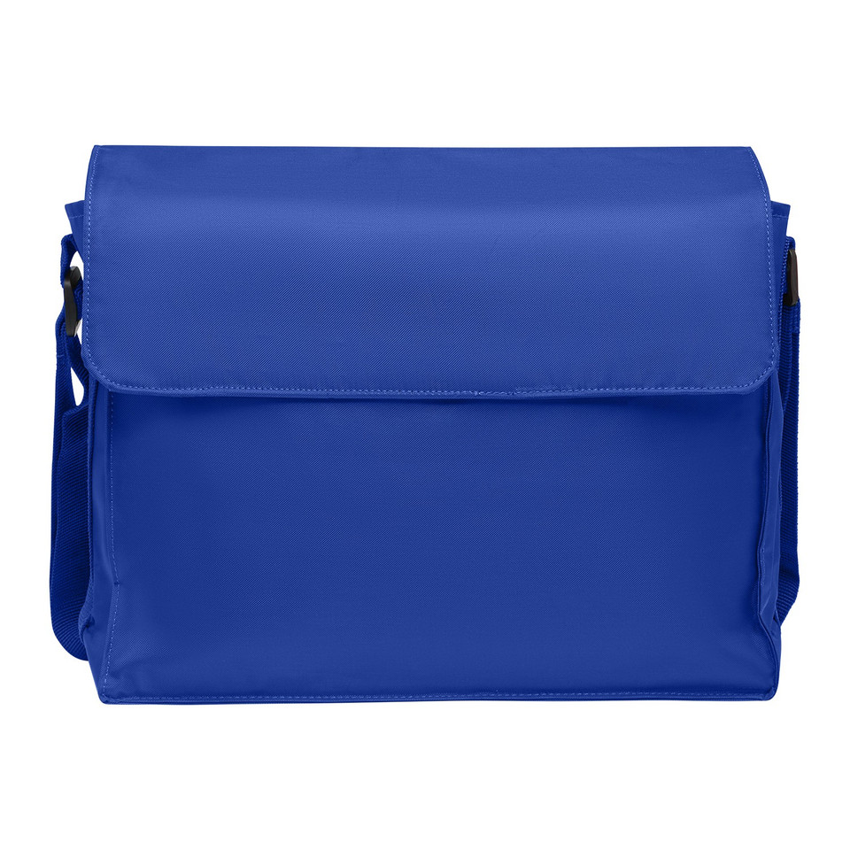 Royal blue structured messenger bag with fold-over flap, topstitched edges and adjustable shoulder strap