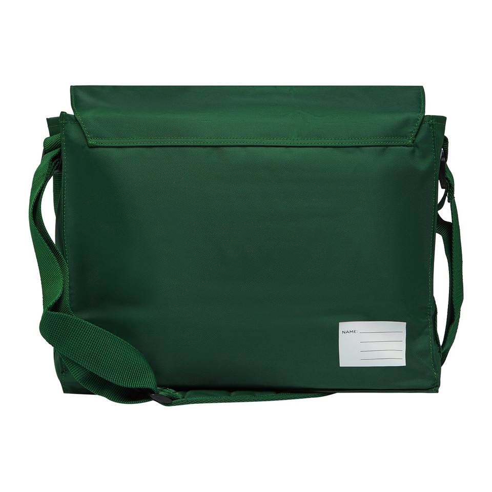 Forest green senior book bag with flap closure, adjustable shoulder strap, and name label patch