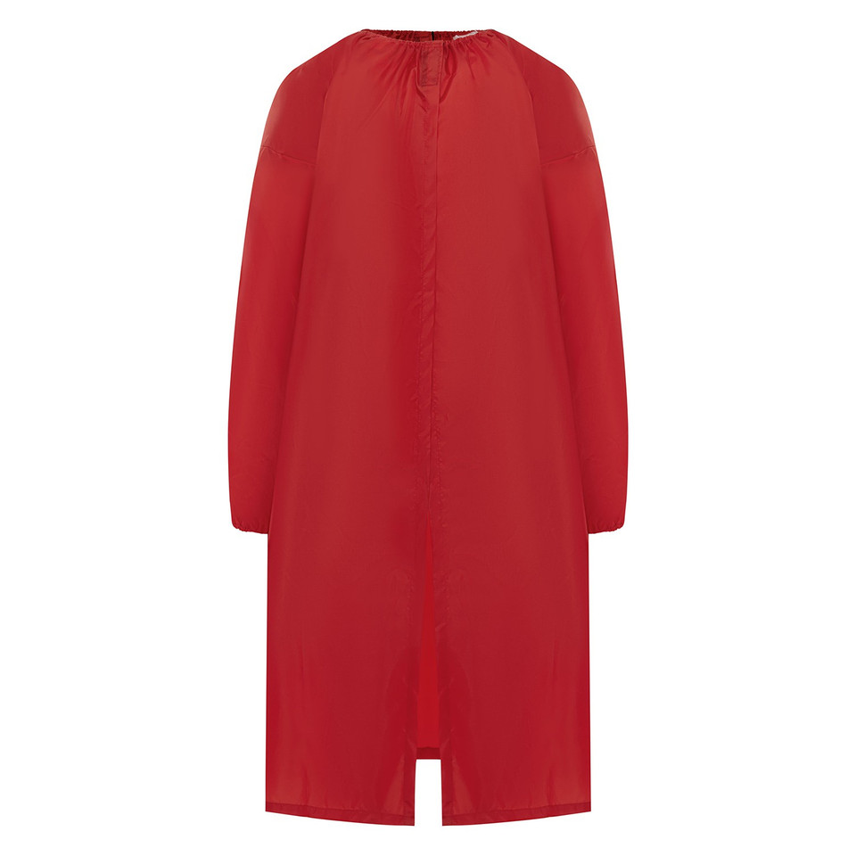 Red lightweight long-sleeve art smock with gathered neckline, front placket, and centre back vent