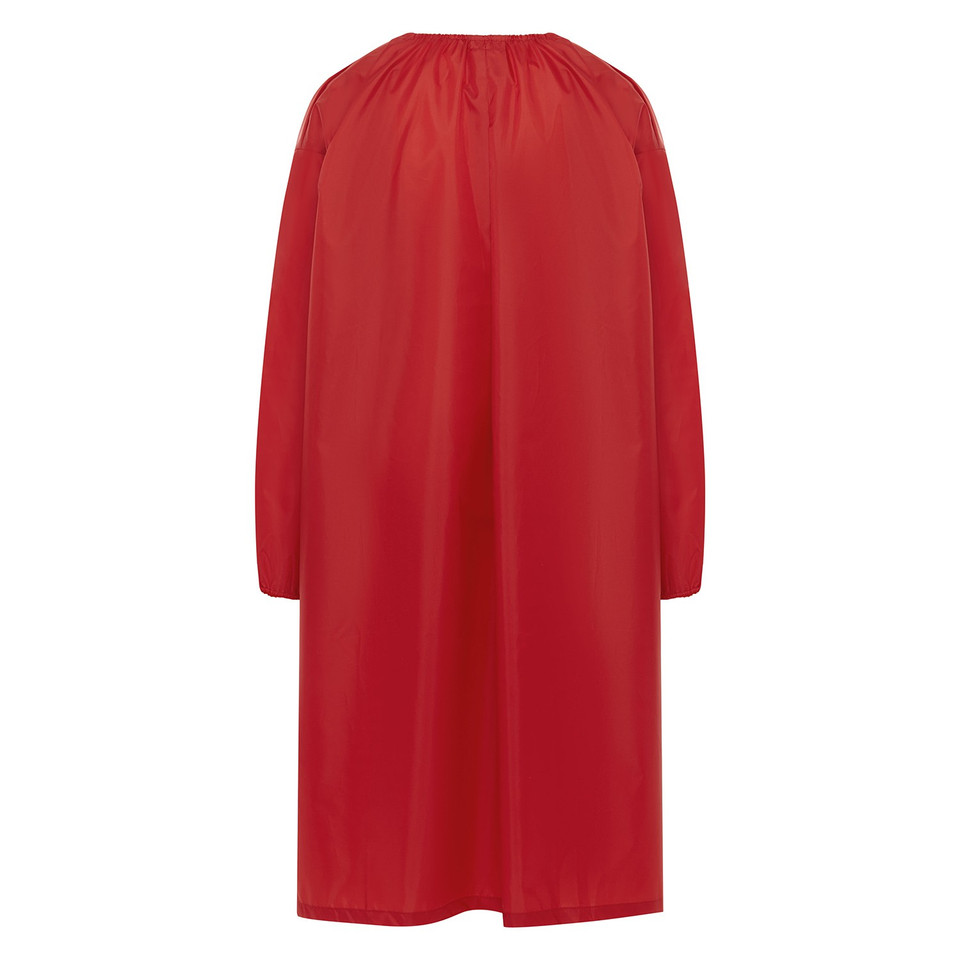 Red long-sleeve art smock with gathered neckline and loose A-line silhouette, back view