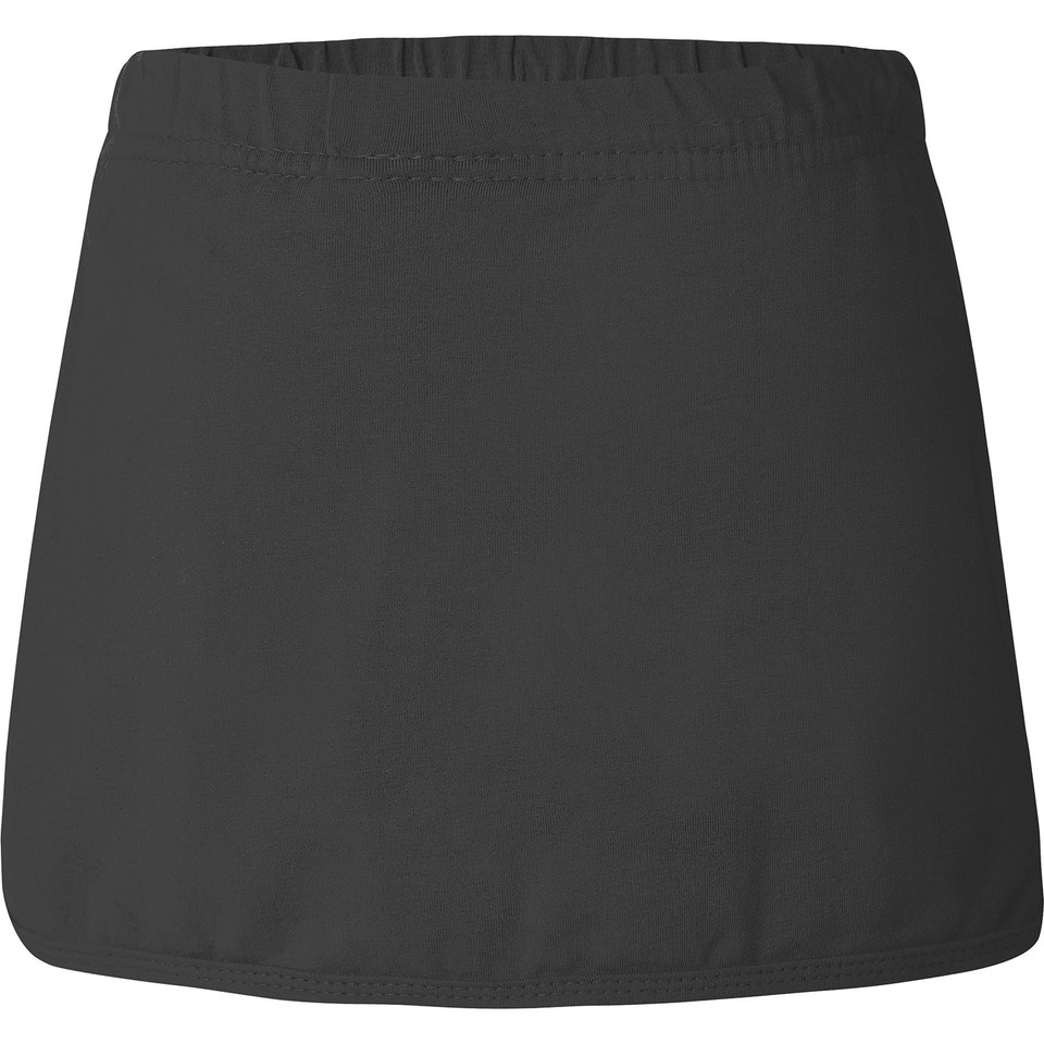 Charcoal grey A-line sport skort with elastic waistband and smooth stretch fabric, flat lay packshot