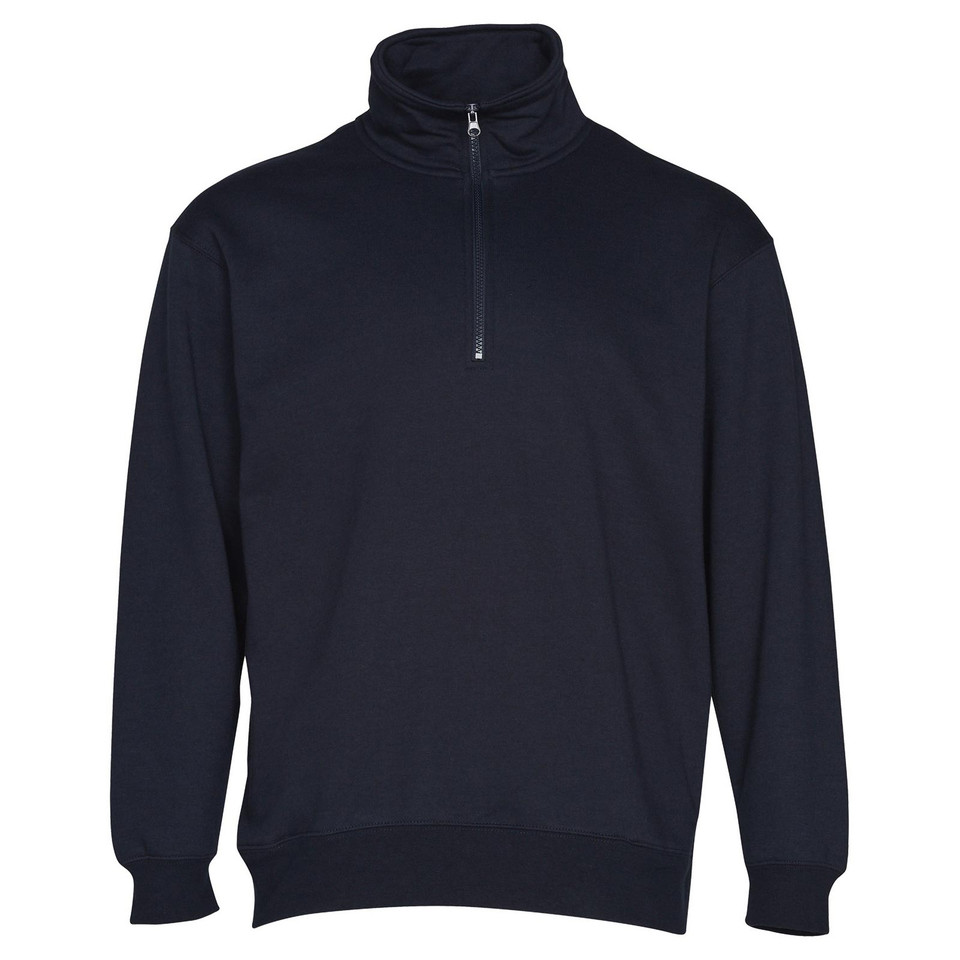 Navy half-zip fleece sweater with high collar and contrast silver zipper pull