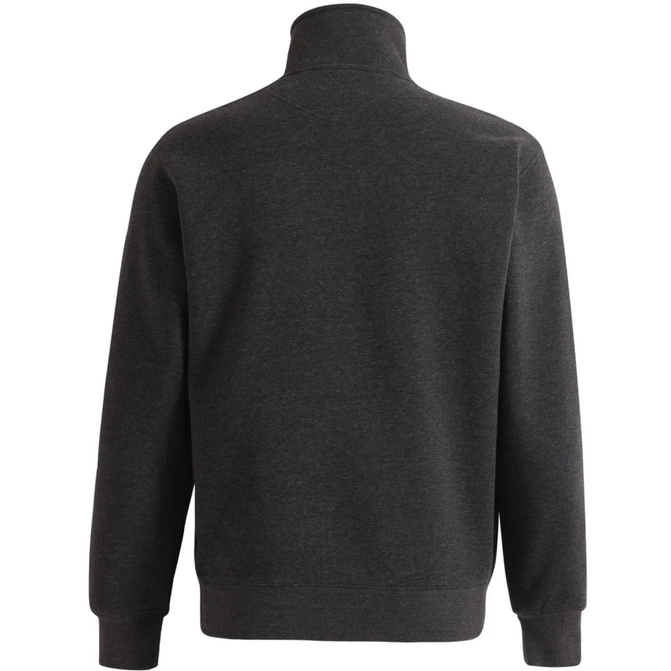 Charcoal grey half-zip fleece sweater shown from back with high collar and ribbed cuffs