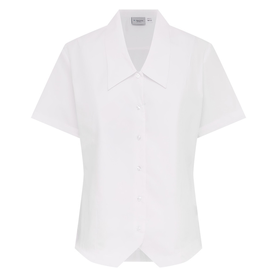 White short sleeve blouse with pointed collar, button front placket, and shaped curved hem