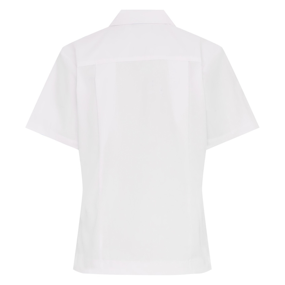 White short sleeve school blouse rear view showing shaped hem and back yoke panel