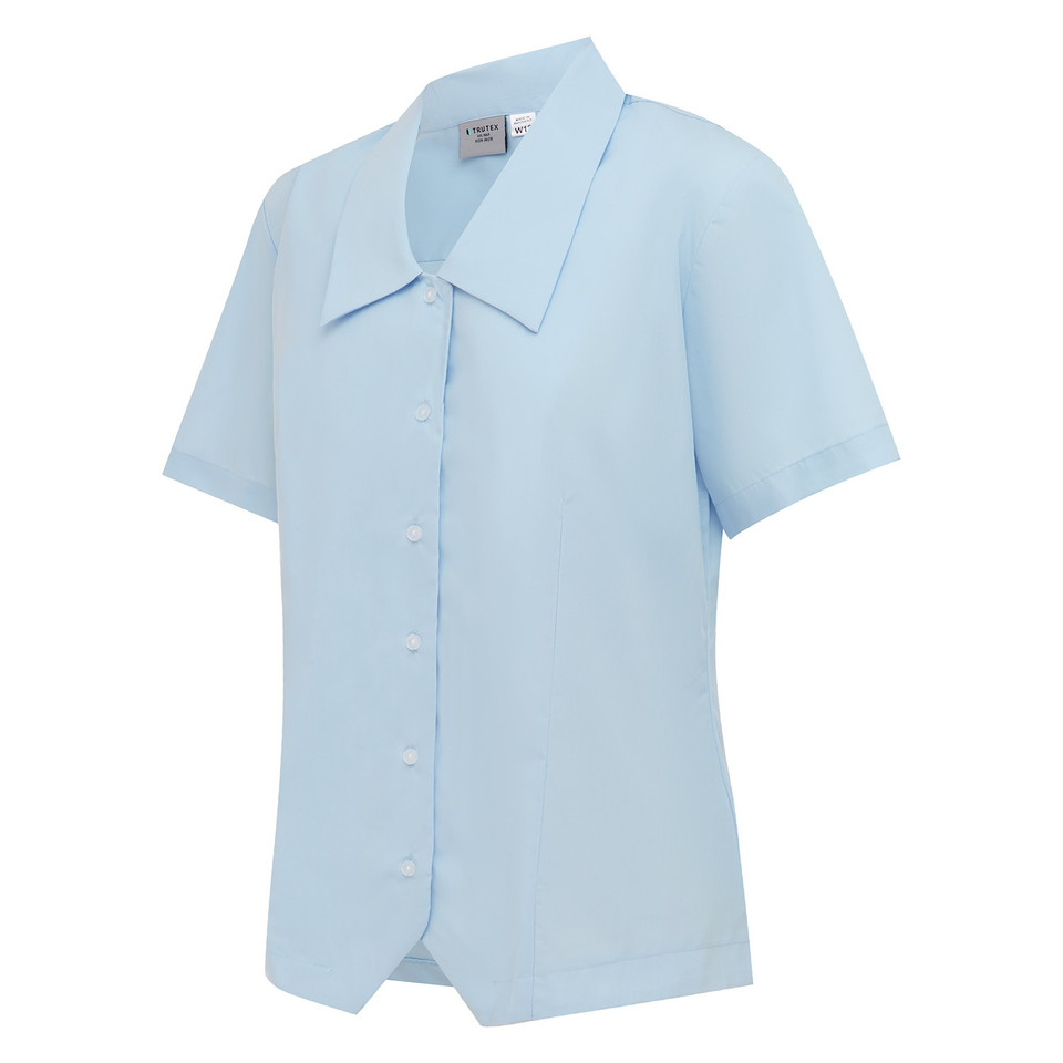 Pale blue short sleeve school blouse with pointed collar, button front and shaped curved hem