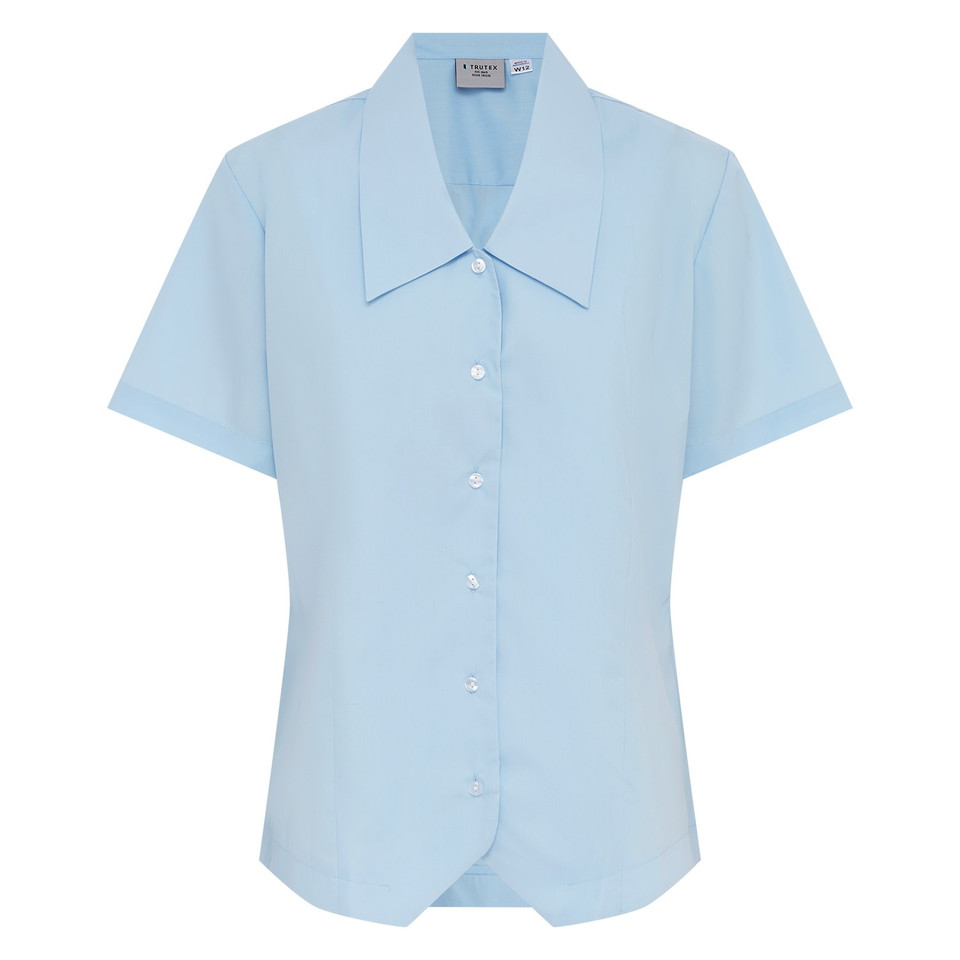 Sky blue short sleeve school blouse with wide pointed collar, button front and shaped curved hem