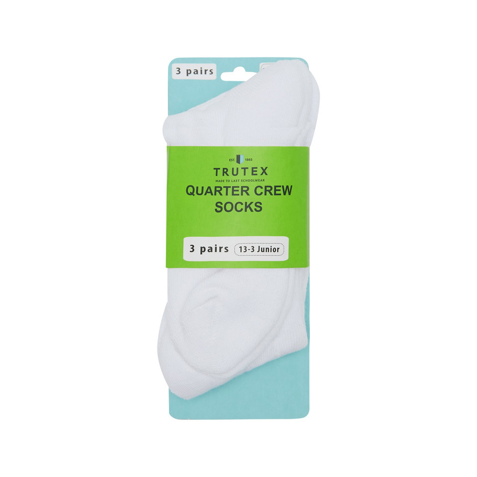White quarter crew socks 3-pack in retail packaging, size 13-3 Junior, Trutex label