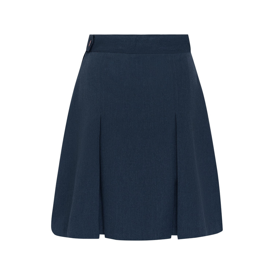 Navy blue A-line school skirt with wide waistband, button detail, and structured box pleats