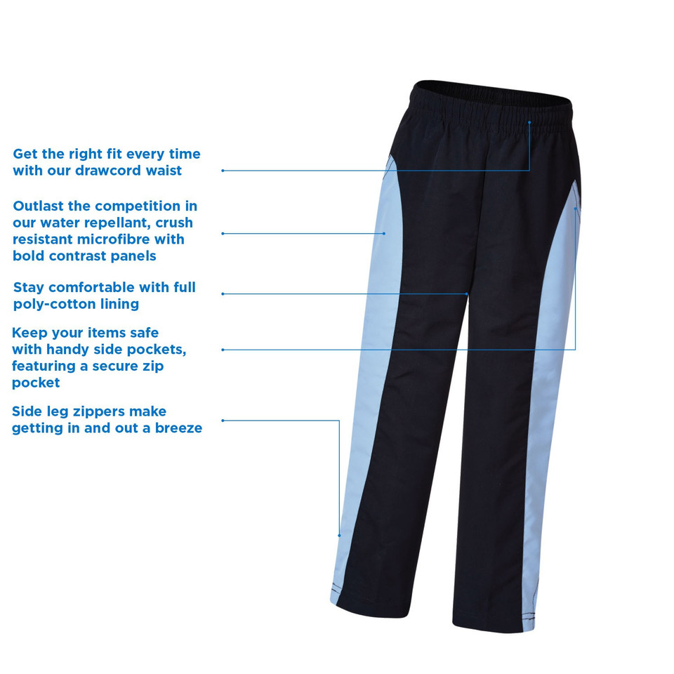 Navy straight leg track pant with sky blue contrast side panels, elastic drawcord waist and ankle zip detail