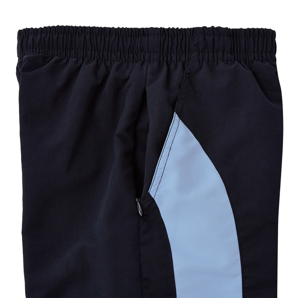 Navy straight leg track pants with sky blue curved side panel, elasticated waist and zip side pocket
