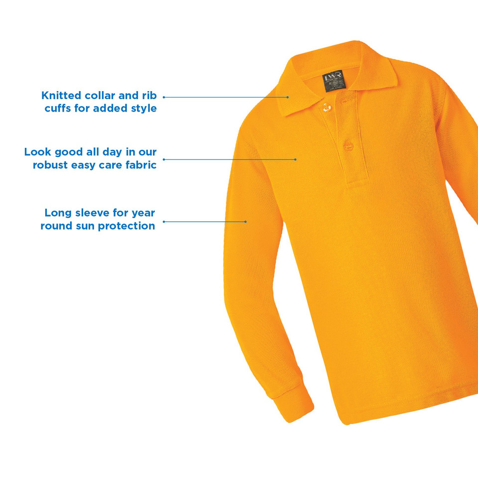 Gold long sleeve polo with knitted collar, two-button placket and ribbed cuffs, packshot on white
