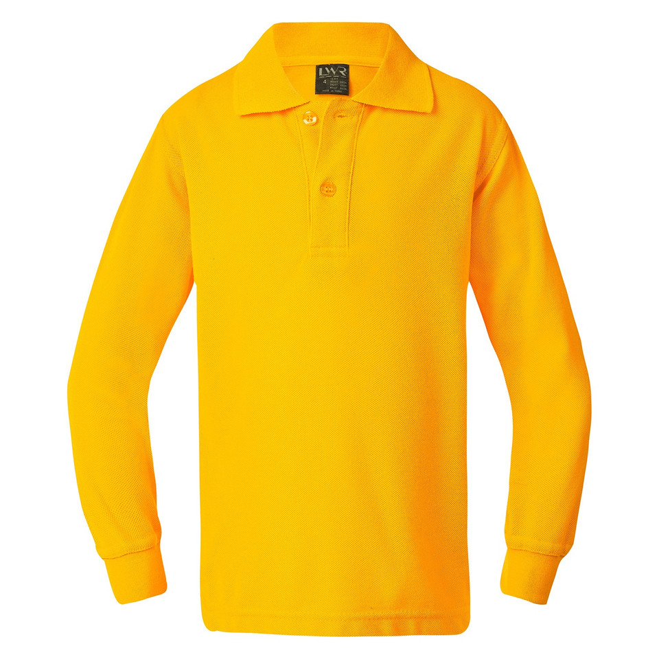 Gold long sleeve polo with two-button placket, ribbed cuffs, and spread collar — flat lay packshot