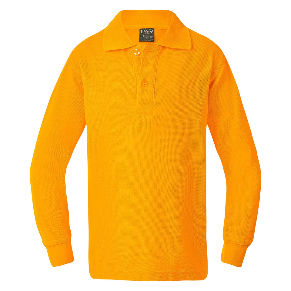 Gold long sleeve polo with ribbed piqué texture, flat collar, two-button placket and ribbed cuffs