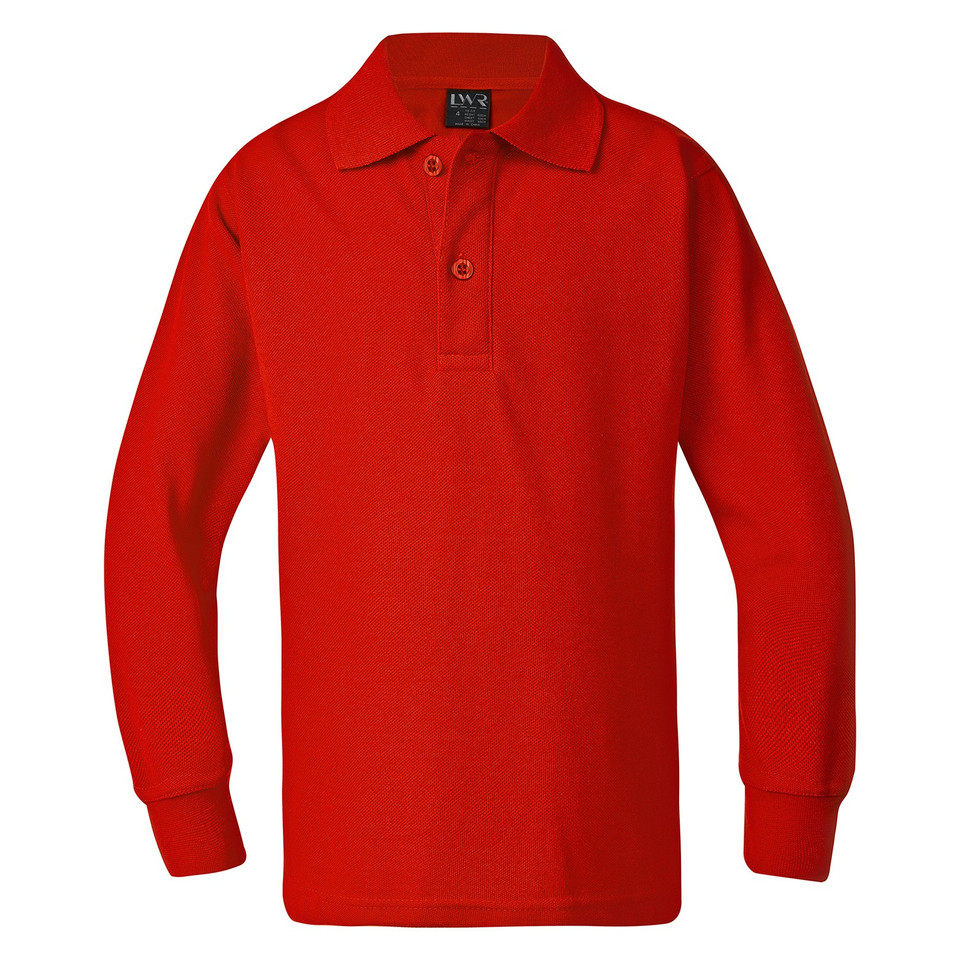 Tomato red long sleeve polo with two-button placket, ribbed cuffs and classic spread collar