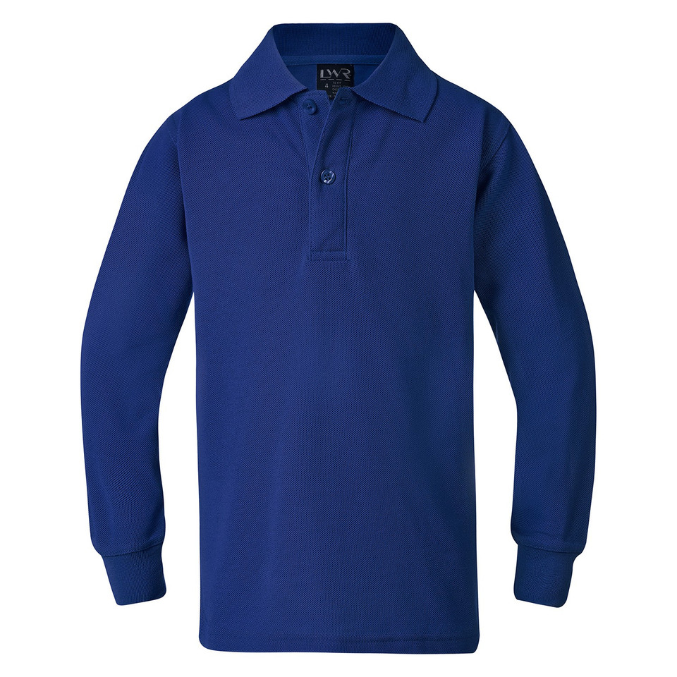 Royal blue long sleeve polo with two-button placket, flat knit cuffs and textured piqué fabric