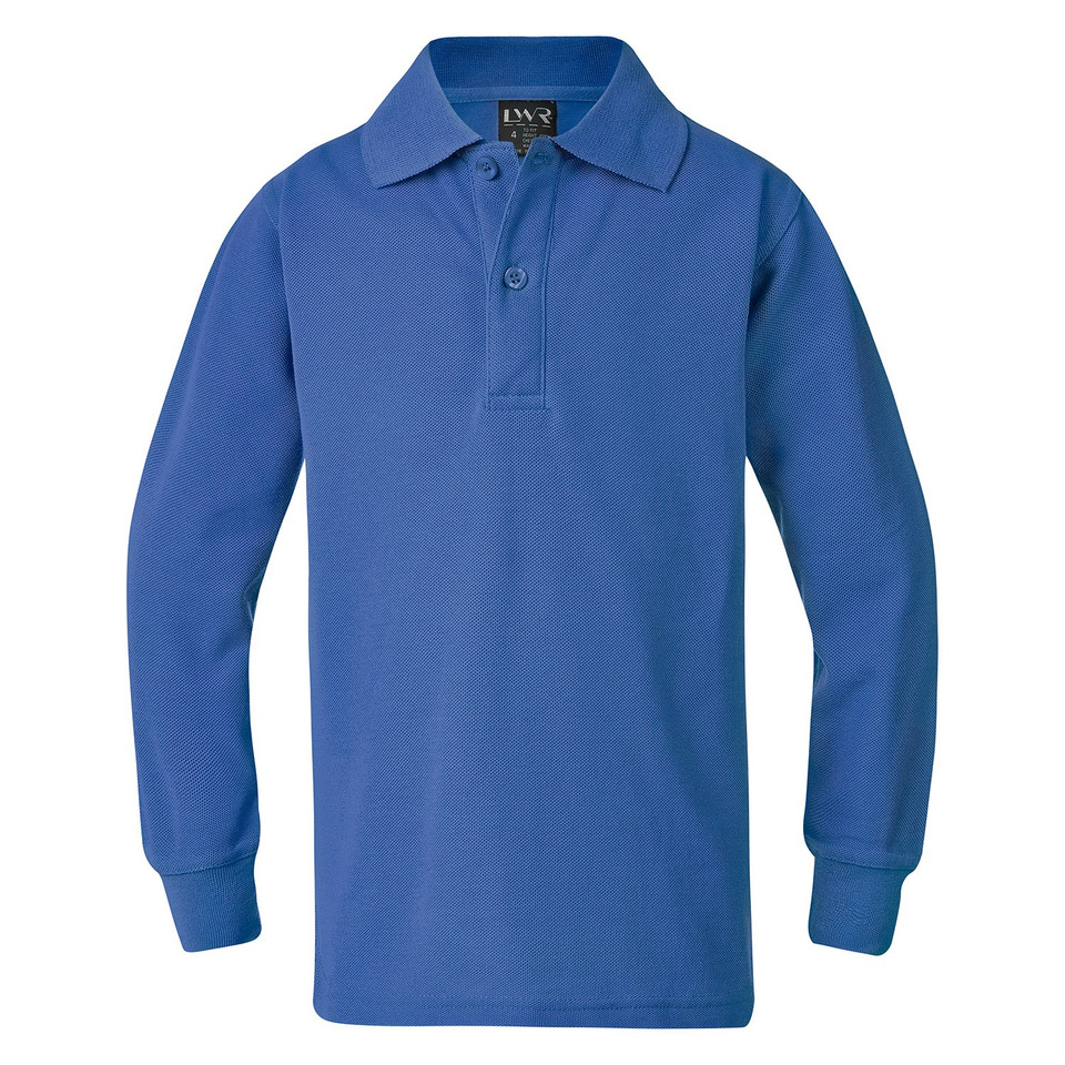 Royal blue long sleeve kids polo with ribbed texture, two-button placket and ribbed cuffs