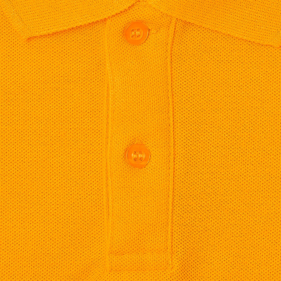 Close-up of amber gold piqué polo placket with tone-on-tone buttons and ribbed collar