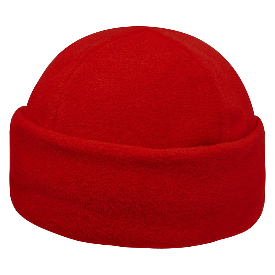 Red kids polar fleece beanie with wide folded cuff, smooth crown ideal for decoration