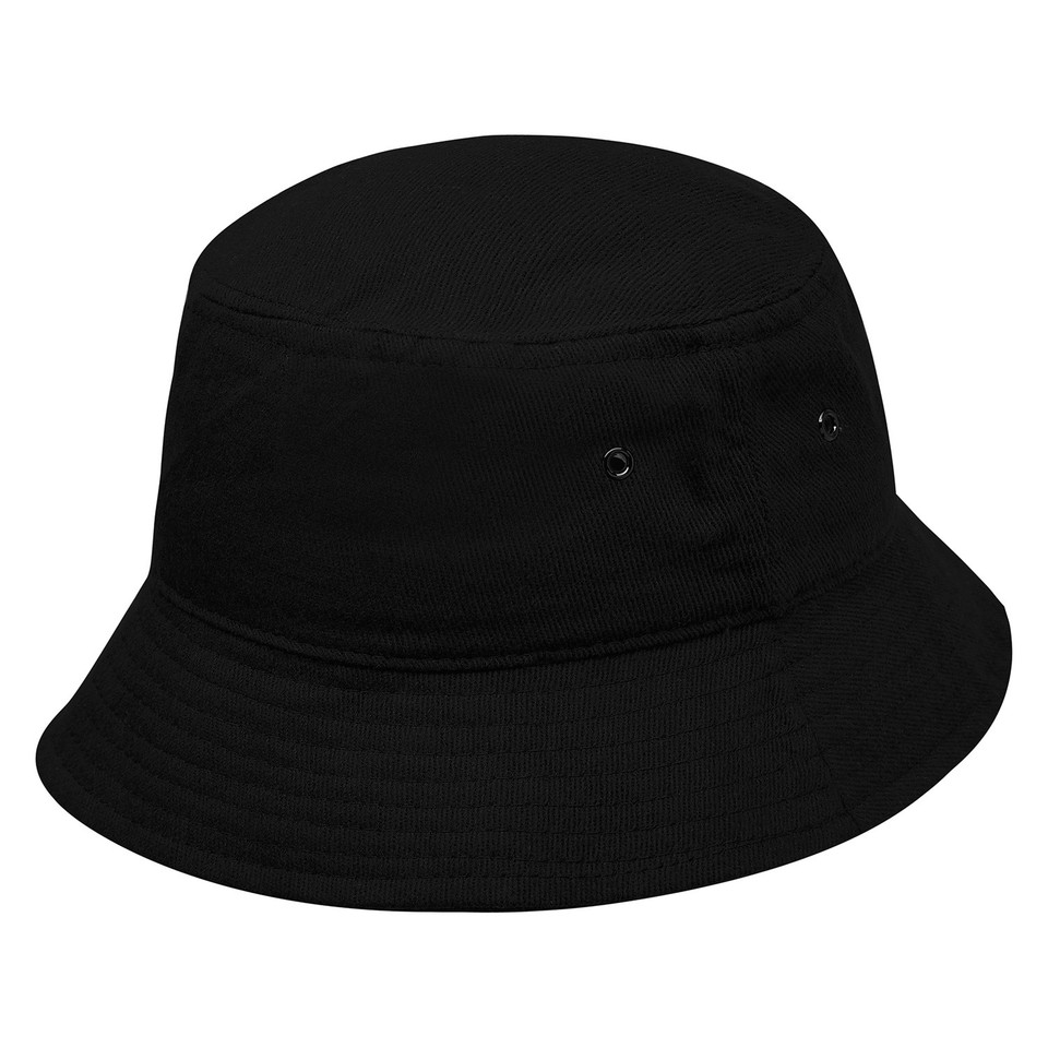 Black cotton bucket hat with wide brim, eyelets, and smooth front panel — packshot
