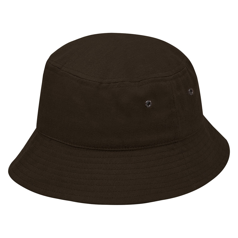 Dark brown cotton bucket hat with eyelets and wide downturned brim, packshot view