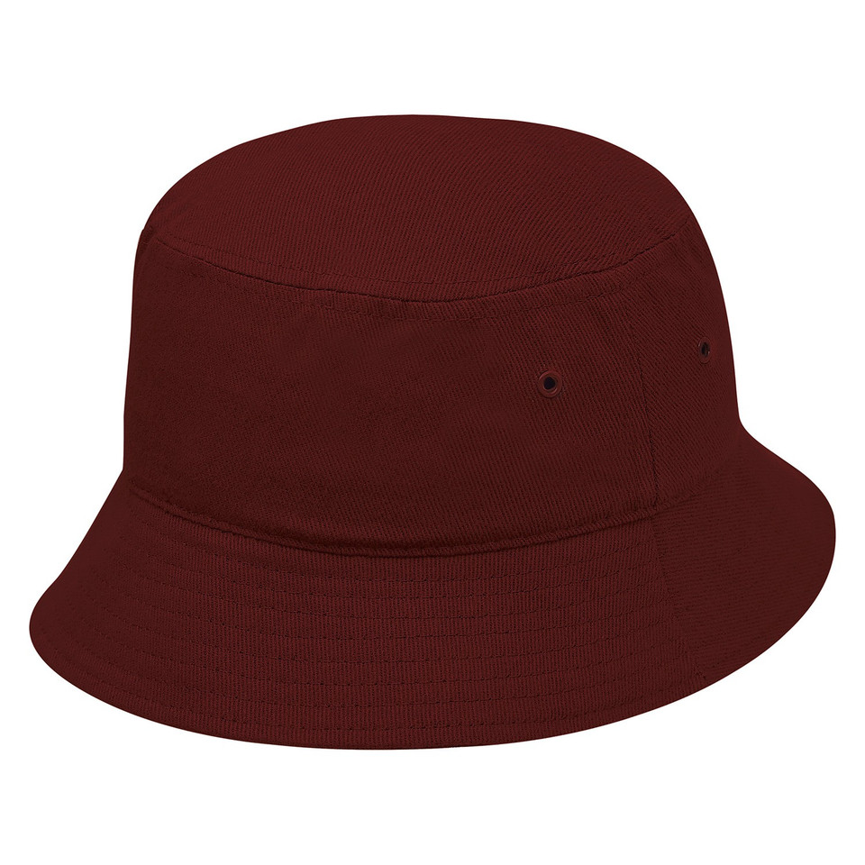 Maroon cotton bucket hat with wide brim, eyelets, and smooth front panel — packshot