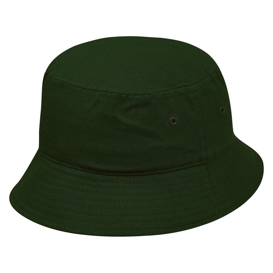 Forest green cotton bucket hat with wide brim, structured crown, and metal eyelet — packshot