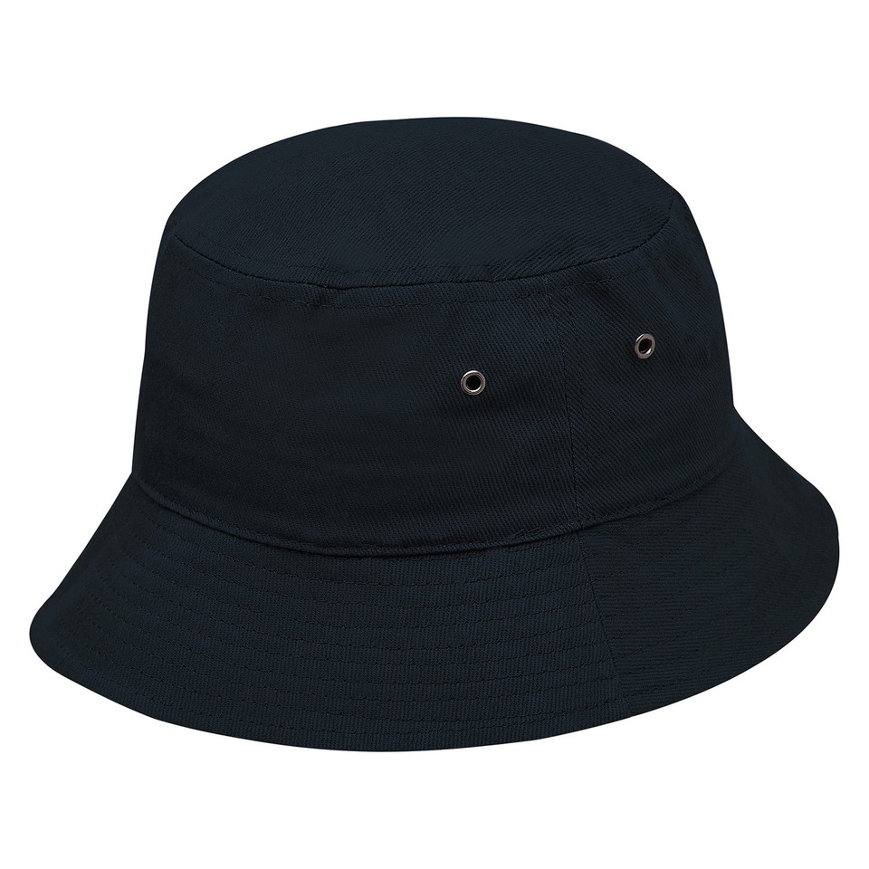 Navy cotton bucket hat with metal eyelets and wide downward brim, packshot on white