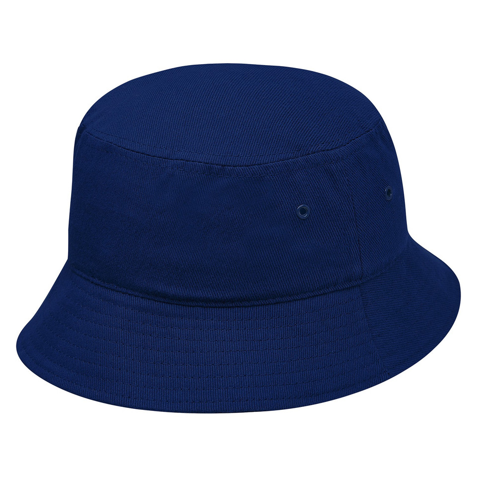 Royal blue cotton bucket hat with structured crown, wide brim and metal eyelets, packshot view