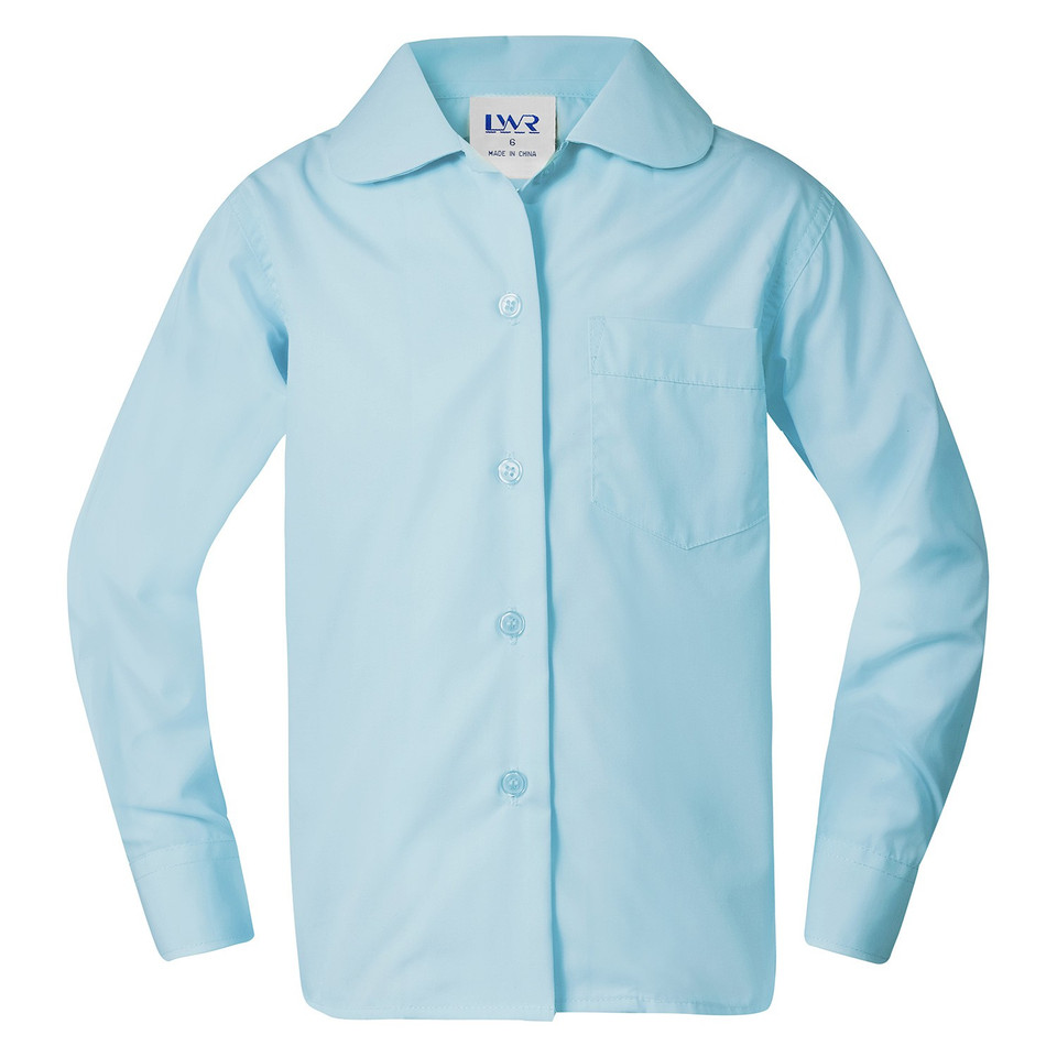 Sky blue long sleeve blouse with Peter Pan collar, button front placket and single chest pocket