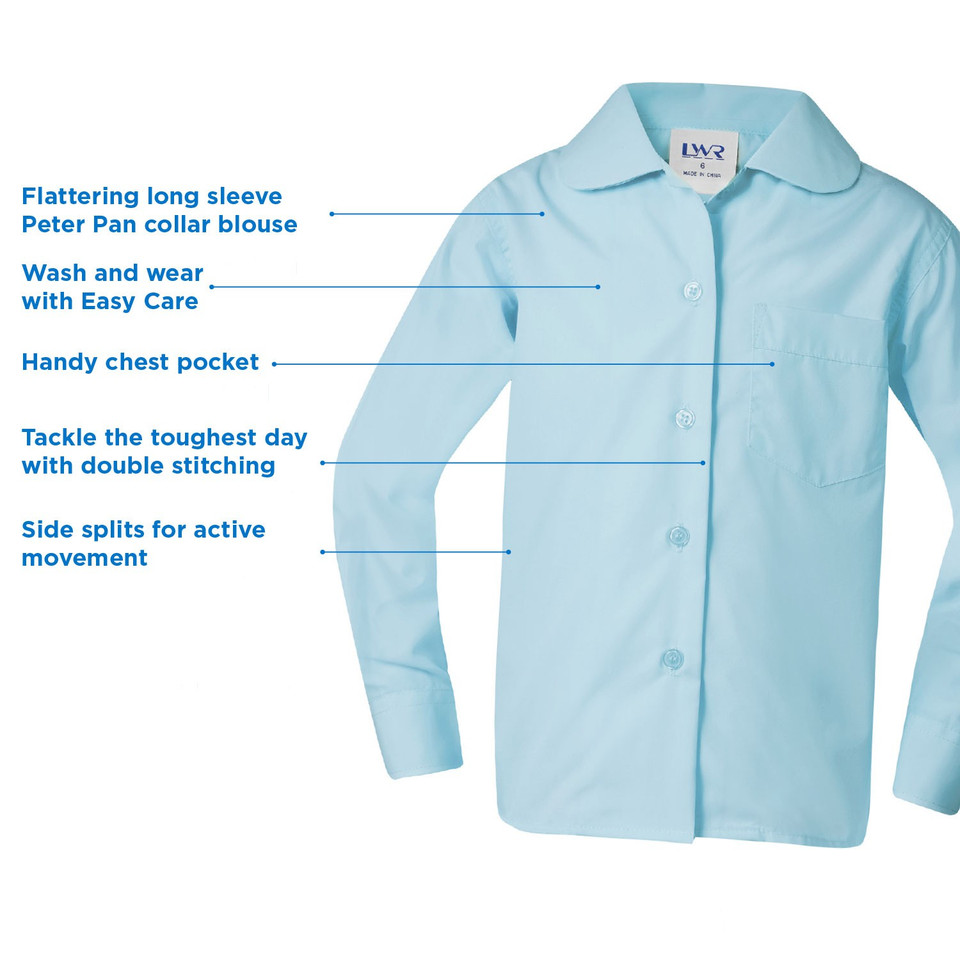Light blue long sleeve blouse with Peter Pan collar, button front, chest pocket and side splits