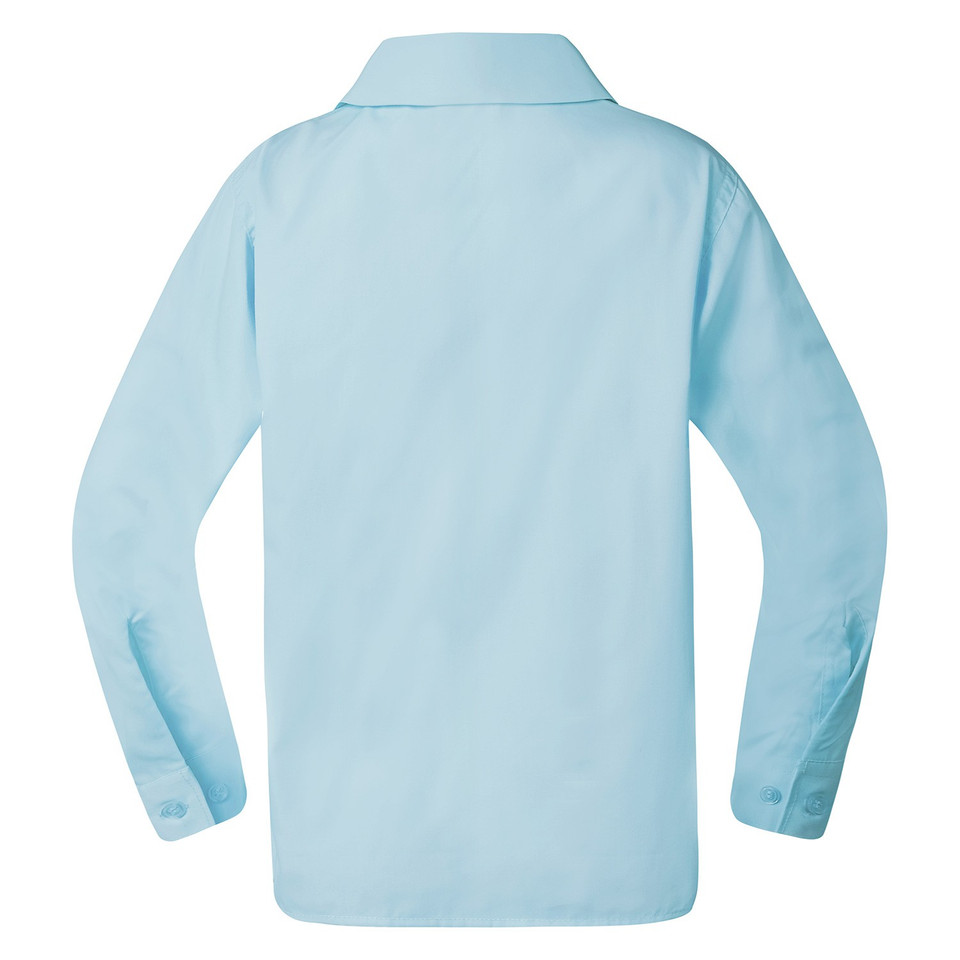 Back view of a pale blue kids long sleeve blouse with Peter Pan collar and button cuffs
