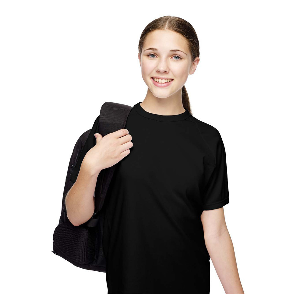 Young model wearing a black cotton slim fit crew neck raglan tee with a backpack over one shoulder