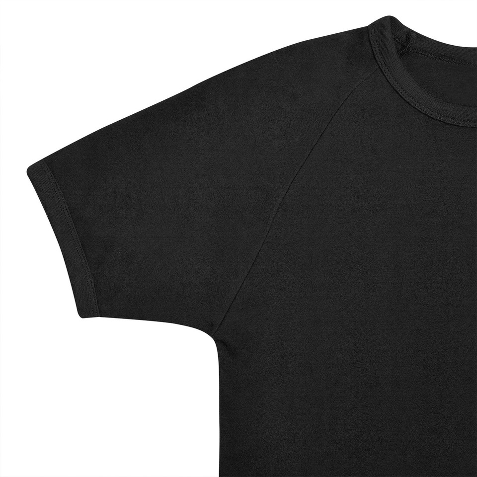 Black slim fit crew neck raglan tee with contrast sleeve seams, flat lay packshot