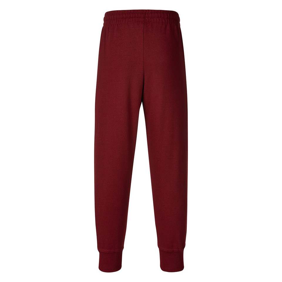 Maroon kids fleece track pants with elasticated waistband and ribbed cuffs, rear packshot view