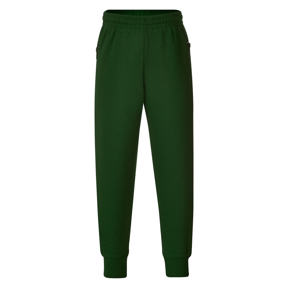 Bottle green kids fleece track pants with elasticated waist, side pockets, and ribbed cuffs