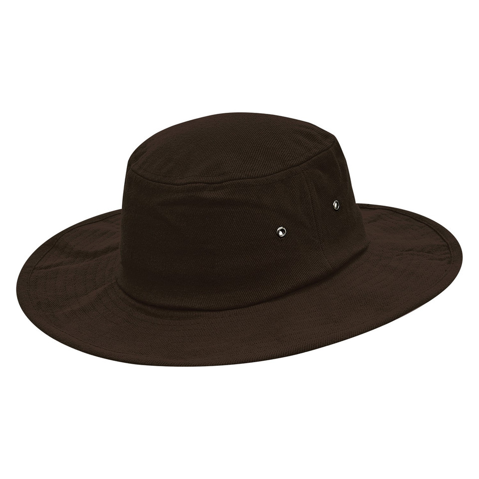 Dark brown wide brim cotton surf hat with structured crown, side eyelets, and full all-round brim