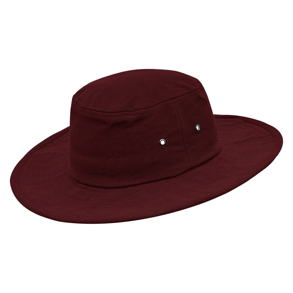Maroon wide brim cotton surf hat with structured crown and silver eyelet vents, packshot