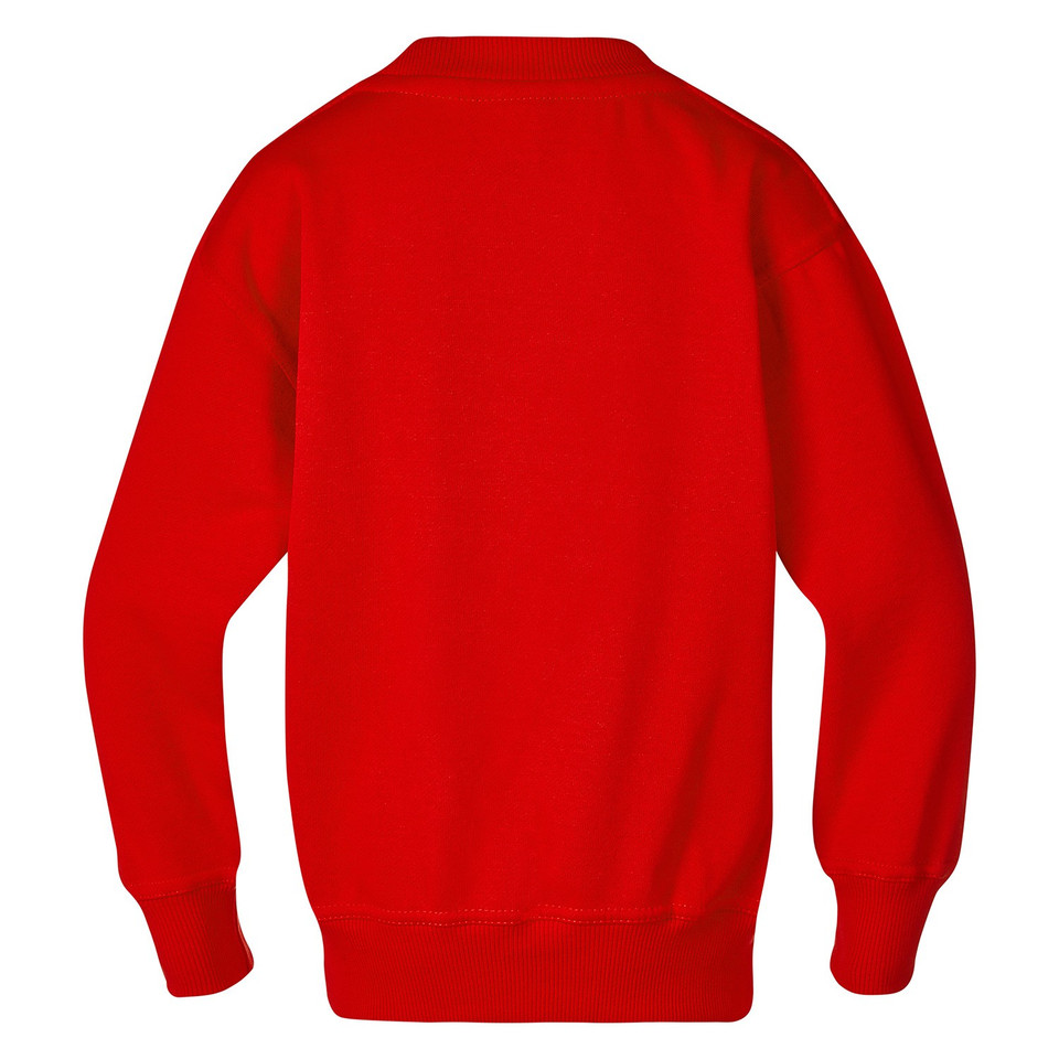 Back view of a red crew neck fleece sweater with ribbed cuffs and hem, plain back panel